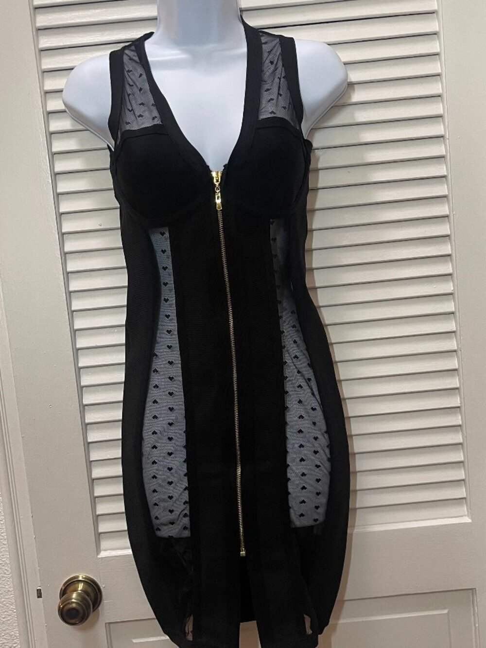 Black Mesh Panel Bodycon Dress Size S Zip Front